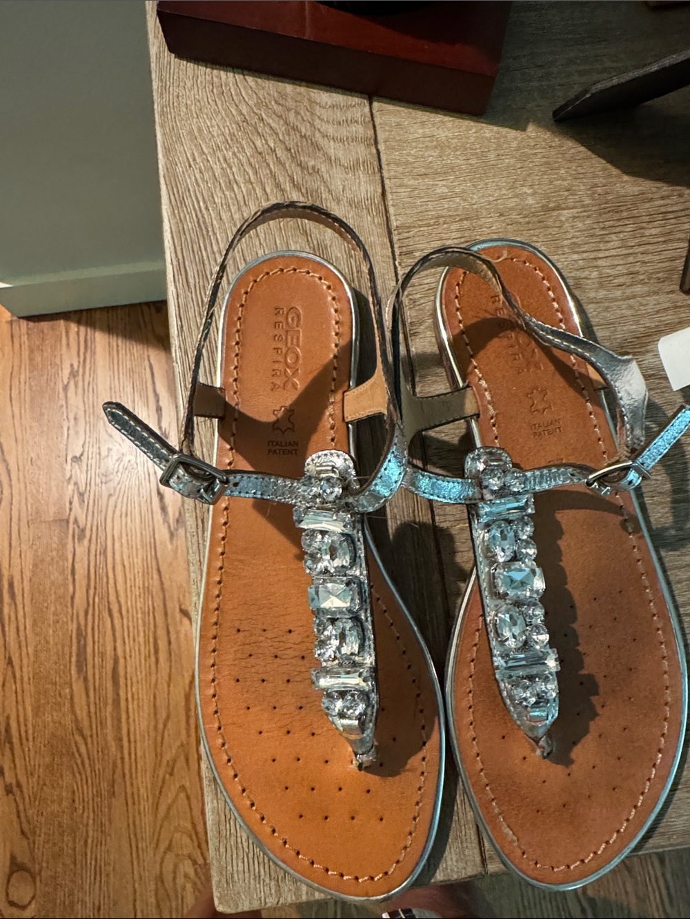 Geox Silver Crystal T-Strap Sandals